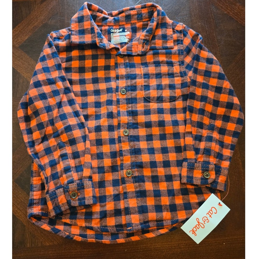 Cat & Jack Toddler Boys Orange Navy Buffalo Check Plaid Button Down Shirt 4T NEW